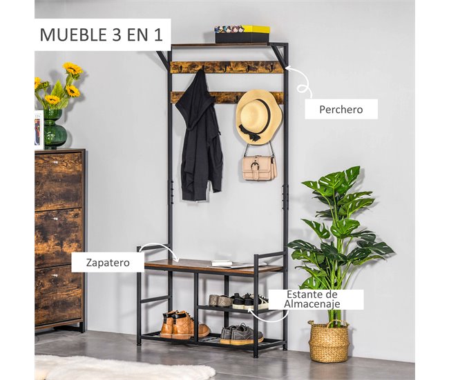 Perchero de Pie con Zapatero Melamina de Madera, Metal HOMCOM Negro