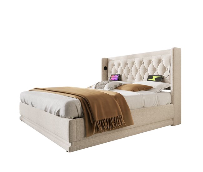 Cama de matrimonio de algodón con almacenaje 150x210 Beige