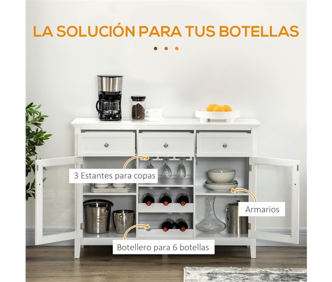 Aparador de Cocina MDF, Melamina de Madera, Vidrio Templado 120 Blanco