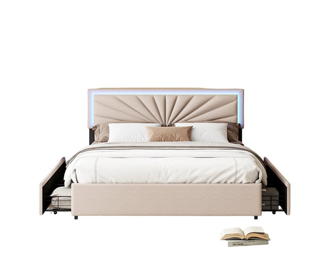 Cama con cabecero LED y 4 cajones de almacenaje Beige
