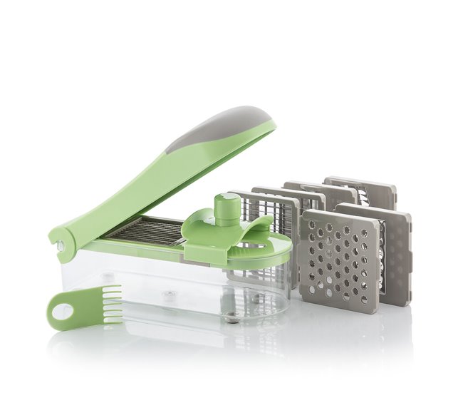 Cortador de Verduras, Rallador y Mandolina con Recetas y Accesorios 7 en 1 Gris
