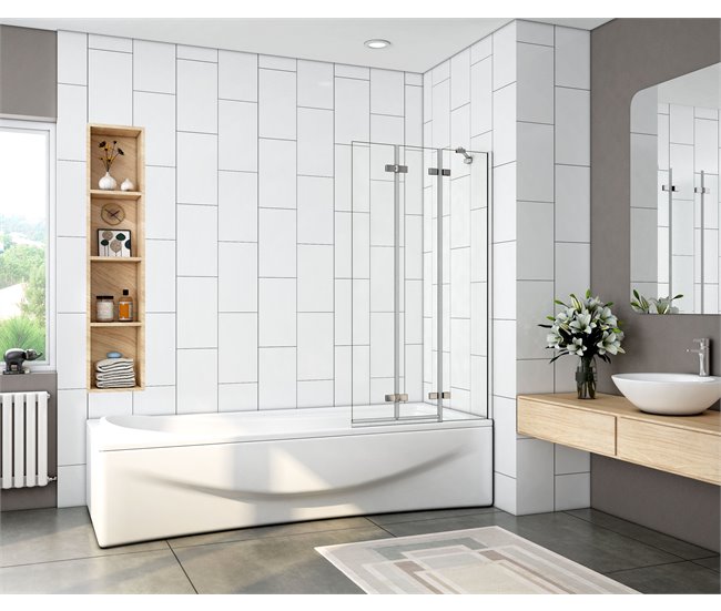 Mampara de Bañera Plegable Vidrio Templado con 3 hojas abatibles,Barra Soporte 35cm Blanco/ Gris