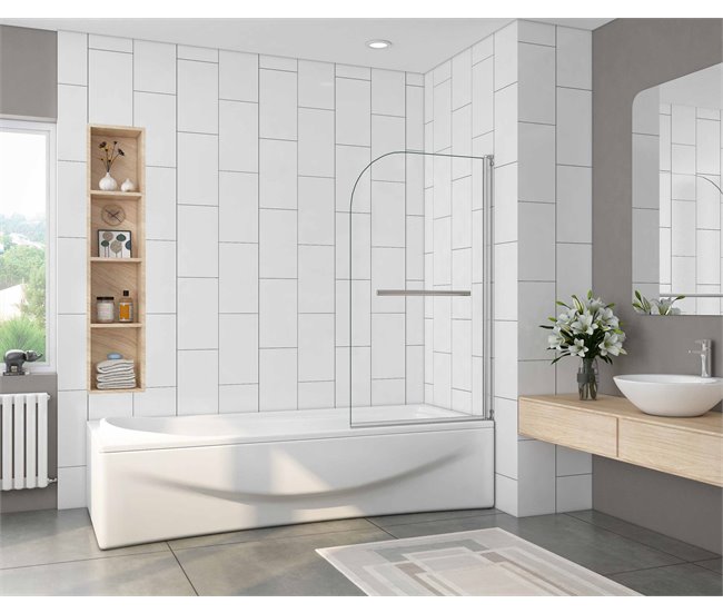 Mampara de Bañera Pivotante Simple 1 Hoja Vidrio Templado 5mm con Toallero 40cm,Altura 130cm Blanco/ Gris
