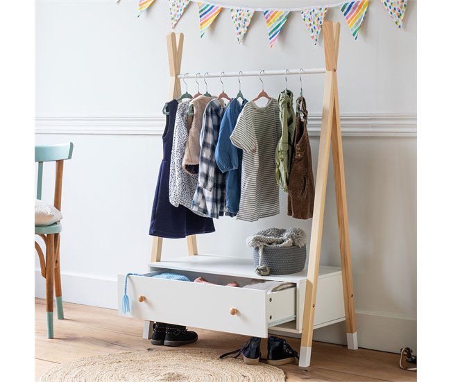 Perchero de madera y blanco con cajón para niños LOU Blanco