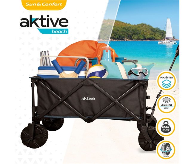 Carro plegable playa c/ruedas especial arena con carga 50 kg Aktive Negro