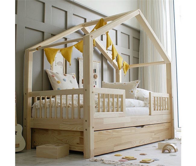 Cama con barandilla somier y cajón Iris Madera