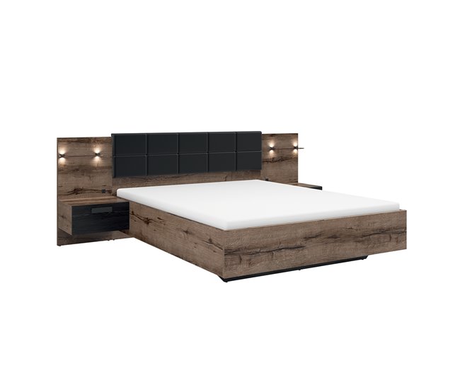 Cama con mesita de noche LED y toma USB Romane Madera