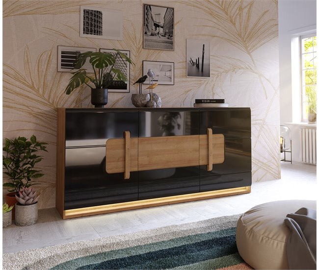 Aparador 1 cajón 3 puertas MONTREAL Negro/ Madera