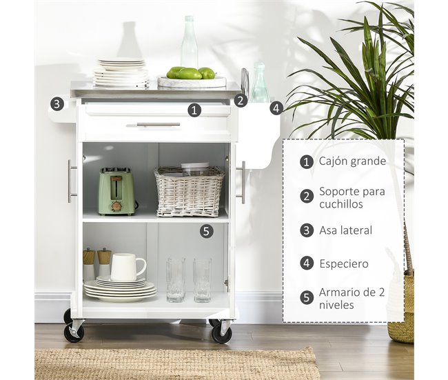 Isla de Cocina MDF, Melamina de Madera HOMCOM, hogar - cocina Blanco