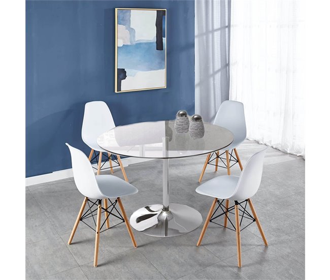 Pack Mesa Redonda de Cristal Templado + 4 Sillas Estilo Nordico 90x90 Transparente