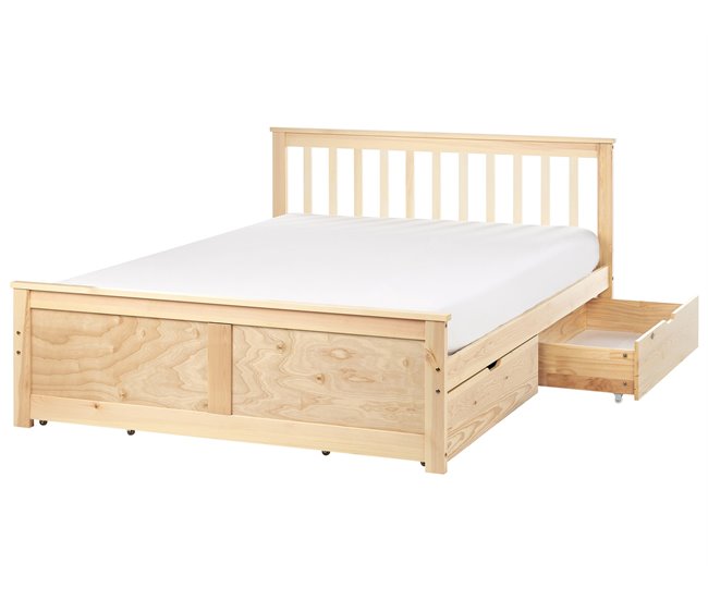 Beliani Cama con cajones Madera de pino OLENDON 150x206 Madera Clara