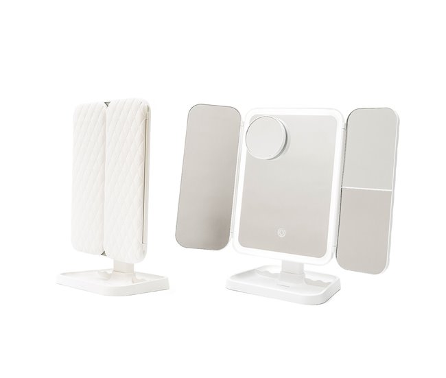 Espejo de Maquillaje Tríptico Recargable con Aumento y Luz LED Blanco