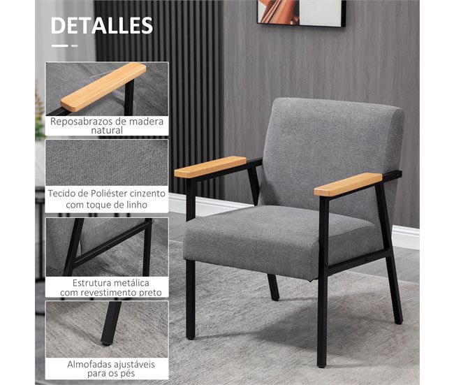 Butaca de Salón Poliéster, Espuma, Acero, Madera de Caucho HOMCOM Gris
