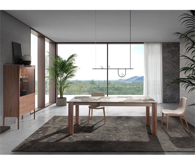 ANGEL CERDA Mesa comedor extensible rectangular mármol porcelánico y nogal 200x90 Natural/ Blanco