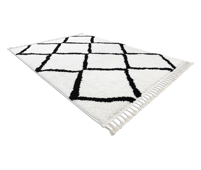 Alfombra BERBER Cuadriculado Franjas Bereber Marroquí Shaggy 80x150 Blanco/ Gris