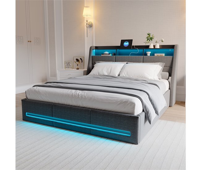Cama doble, cama LED, USB 152x195 Gris