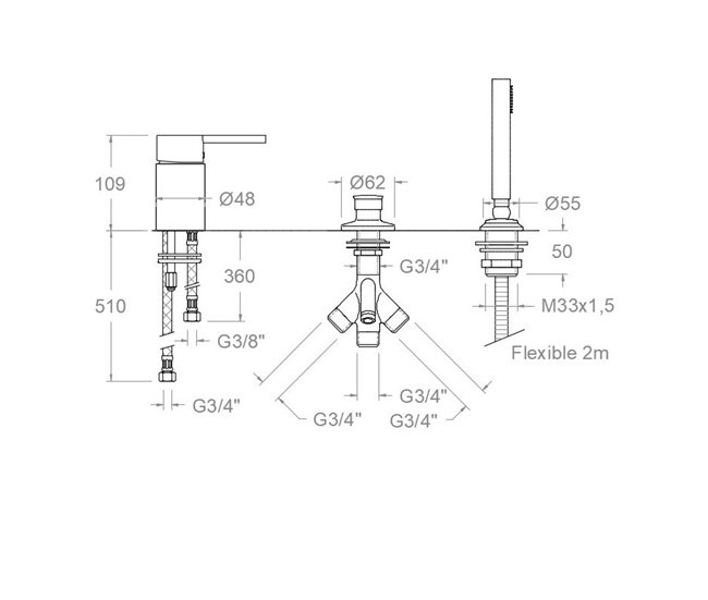 Grifo de Repisa de Baño-Ducha Monomando con Accesorios de Ducha Cromo
