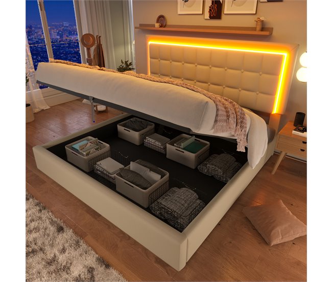 Cama de matrimonio de pu con almacenaje 145x203 Blanco