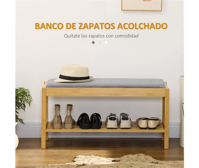 Banco Zapatero Bambú, Poliéster, Espuma HOMCOM 90 Gris