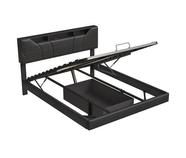 Cama doble hidráulica LED con USB y almacenamiento Gris