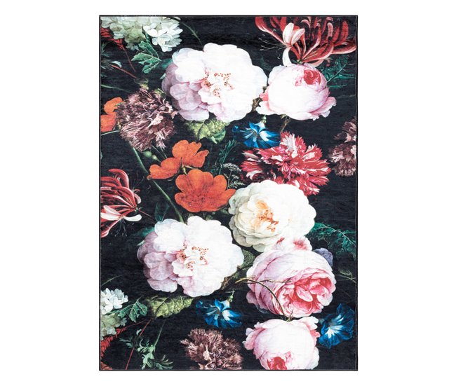 Alfombra lavable ANDRE 1629 flores vintage 120x170 Negro