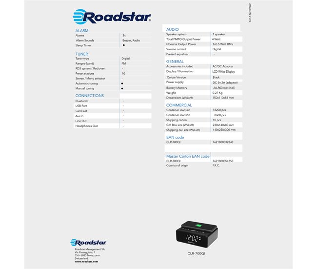 Despertador Roadstar CLR-700  Qi Negro