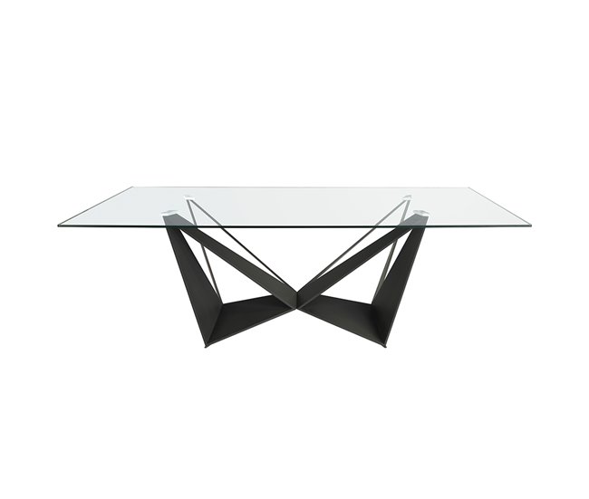 Mesa comedor rectangular cristal templado y acero negro Transparente