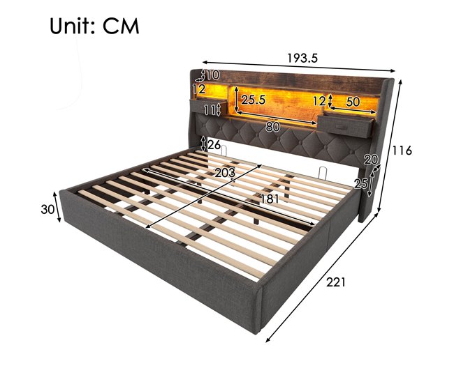 Cama de matrimonio de lino 193x221 Gris
