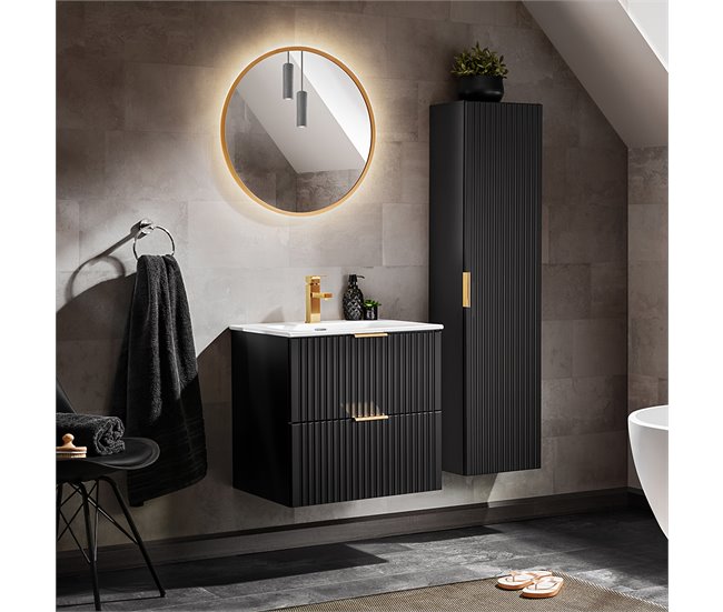 Conjunto de muebles con lavabo espejo LED y columna Adriel 60 Madera