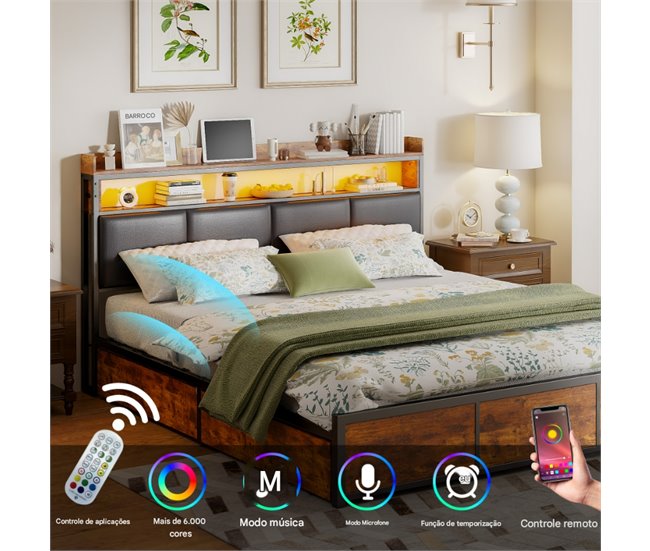 Cama, Cama de metal, 4 cajones, LED, Cama juvenil 182x217 Negro