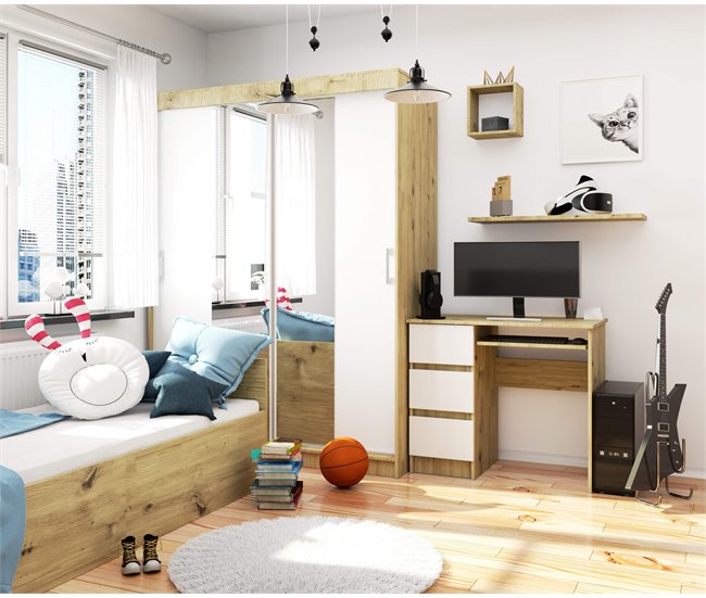 Escritorio A-6 AKORD 3 cajones 1 estante color Roble Craft 90x50 Blanco/ Beige