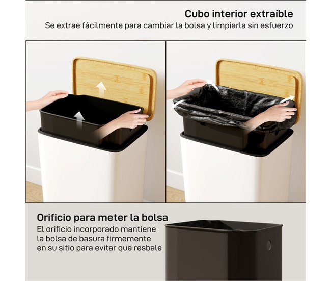 Cubo de Basura Metal, Bambú HOMCOM, hogar - cocina Blanco