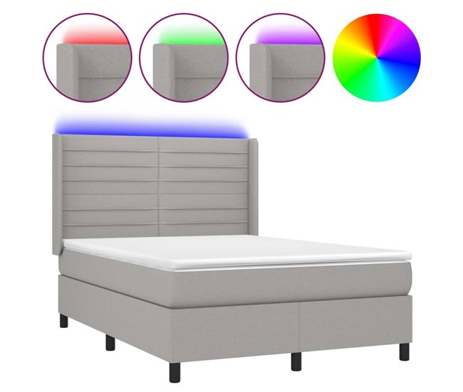 Conforama Cama box spring colchón y luces LED tela gris claro 140x200 cm Rayas horizontales