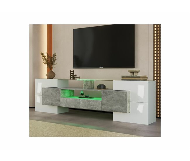 Elegante mueble de TV con iluminación LED Blanco/ Plateado