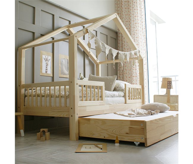 Cama con barandilla somier y cajón Iris Madera
