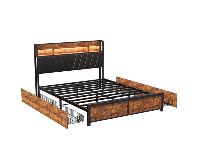 Cama de metal, USB, LED, 4 cajones 160x217 Multicolor