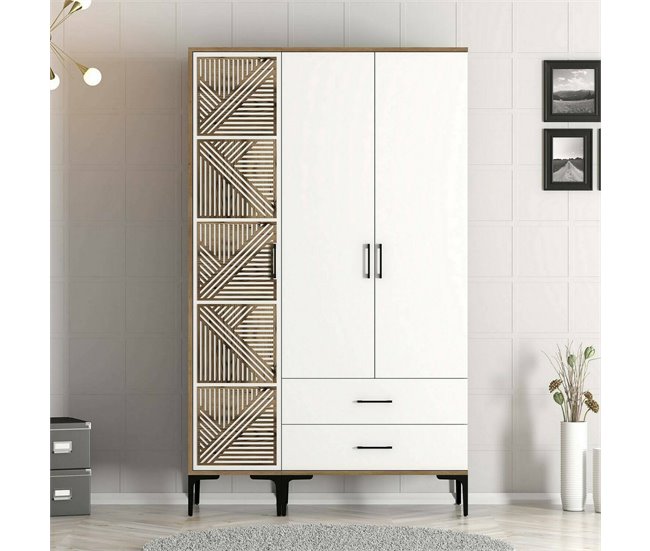 Armário de 3 portas com efeito madeira 120 Blanco/ Madera