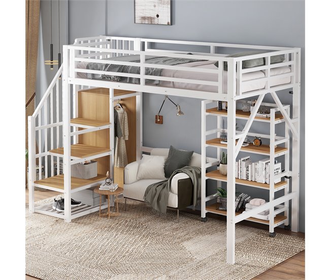 Cama alta de metal Natural/ Blanco