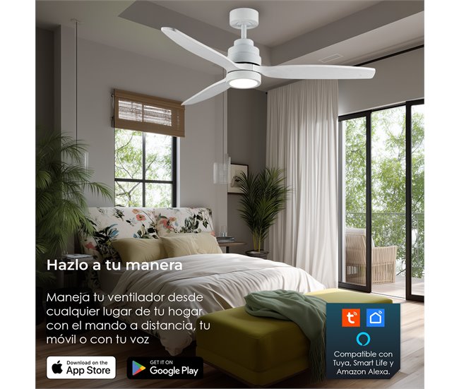 HELIX Ventilador techo wifi YOEVU, LED regulable, 6 velocidades Blanco