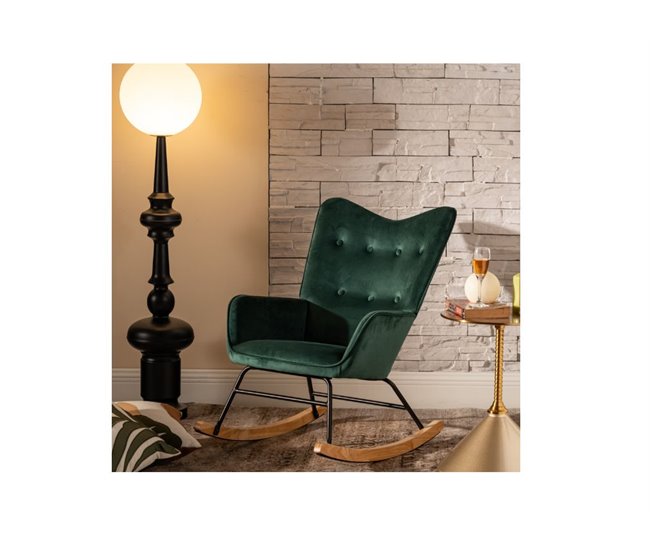 Mecedora escandinava de terciopelo con patas de madera clara Verde