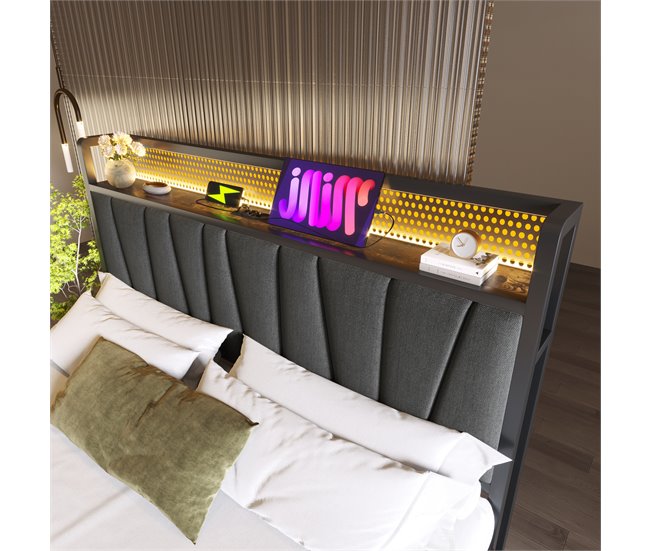 Cama de matrimonio de lino con almacenaje 166x222 Gris