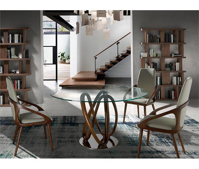 ANGEL CERDA Mesa comedor redonda cristal templado y nogal 130x130 Nogal