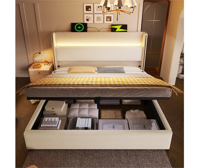 Cama con almacenaje de lino 173x221 Beige