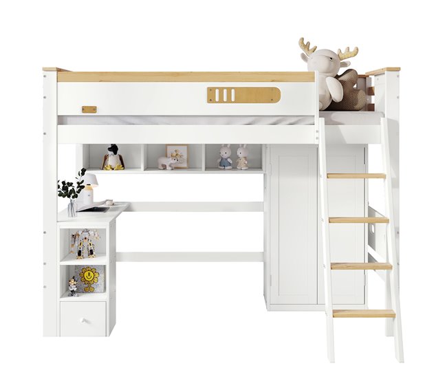 Cama alta infantil de madera de pino Natural/ Blanco