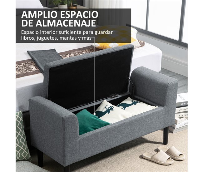 Banco Pie de Cama Poliéster, Espuma y Madera de Caucho HOMCOM Gris