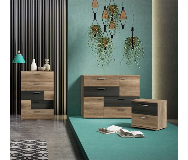 Mesita de noche 2 cajones SKIVE Roble