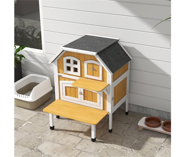 Caseta para Gatos Madera de Abeto PawHut Amarillo