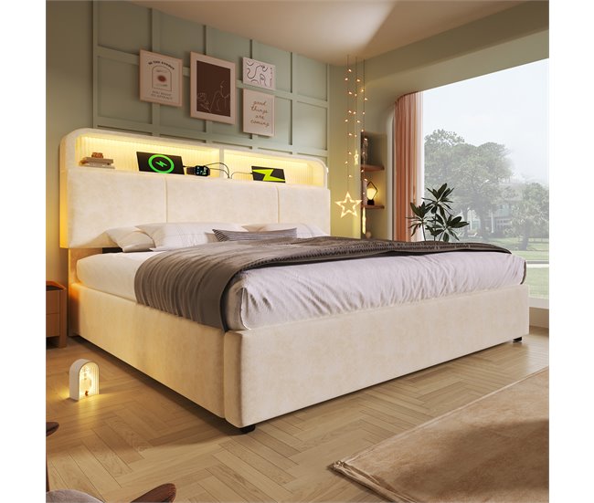 Cama con almacenaje de terciopelo 145x204 Beige