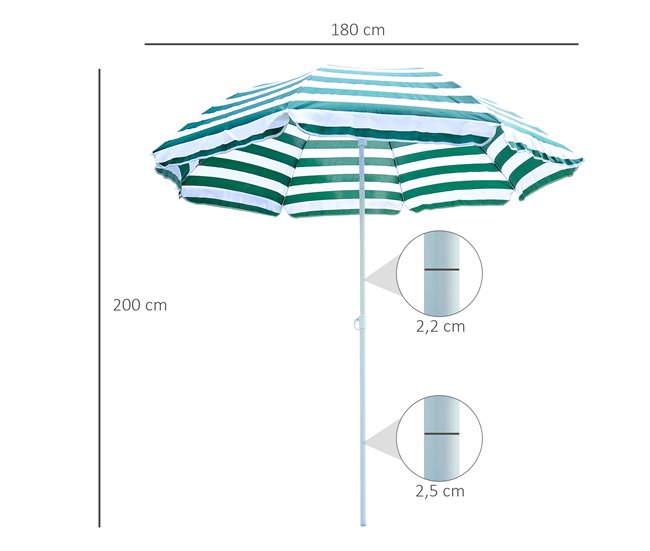 Sombrilla de Playa Tela Poliéster, Metal Outsunny 180x180 Multicolor