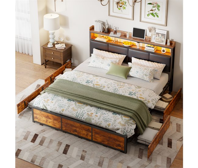 Cama, Cama de metal, 4 cajones, LED, Cama juvenil 182x217 Negro